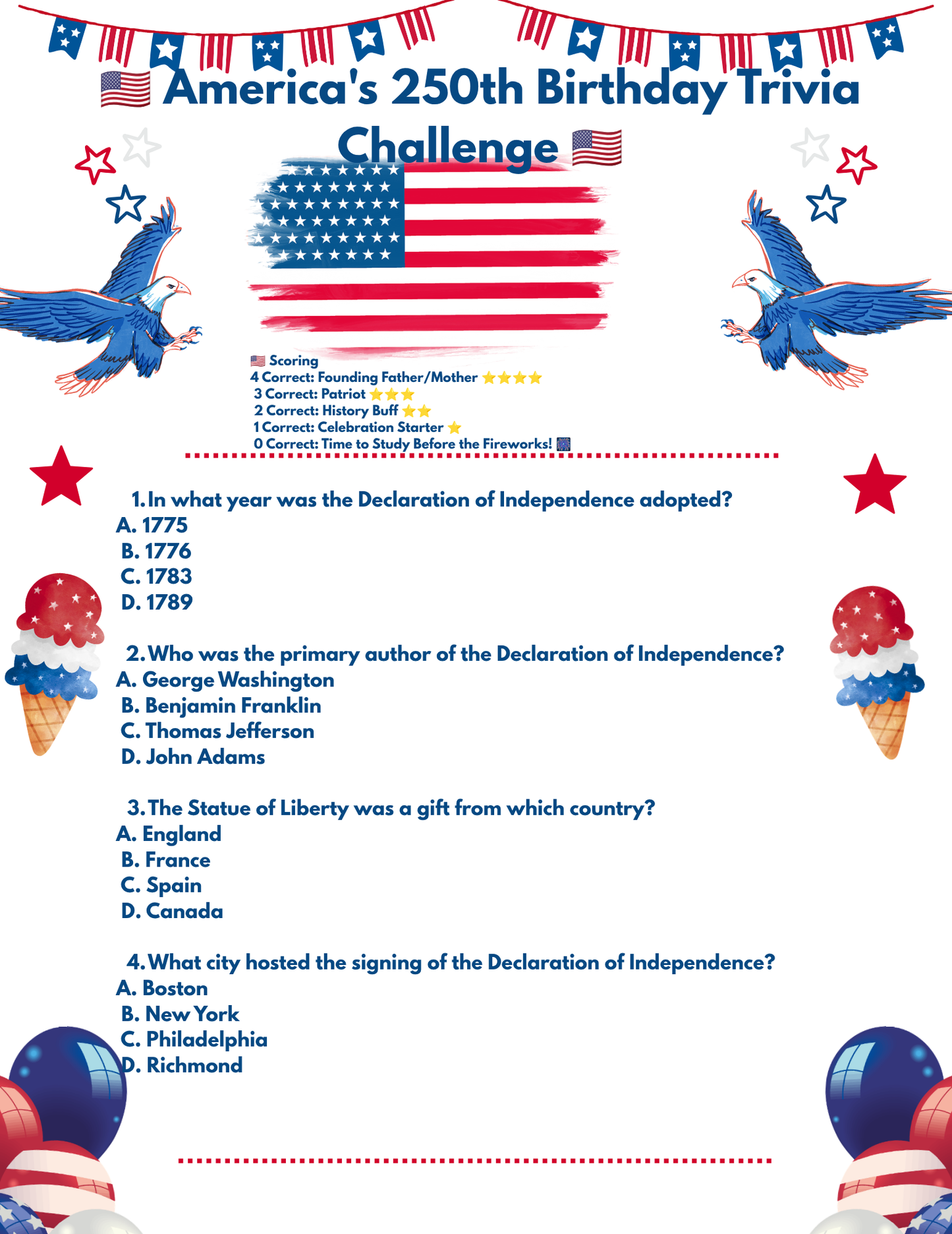 America's 250th Birthday Trivia Game Printable | 4th of July Party Game | Patriotic Family Trivia | Independence Day Activity | USA 250 Celebration