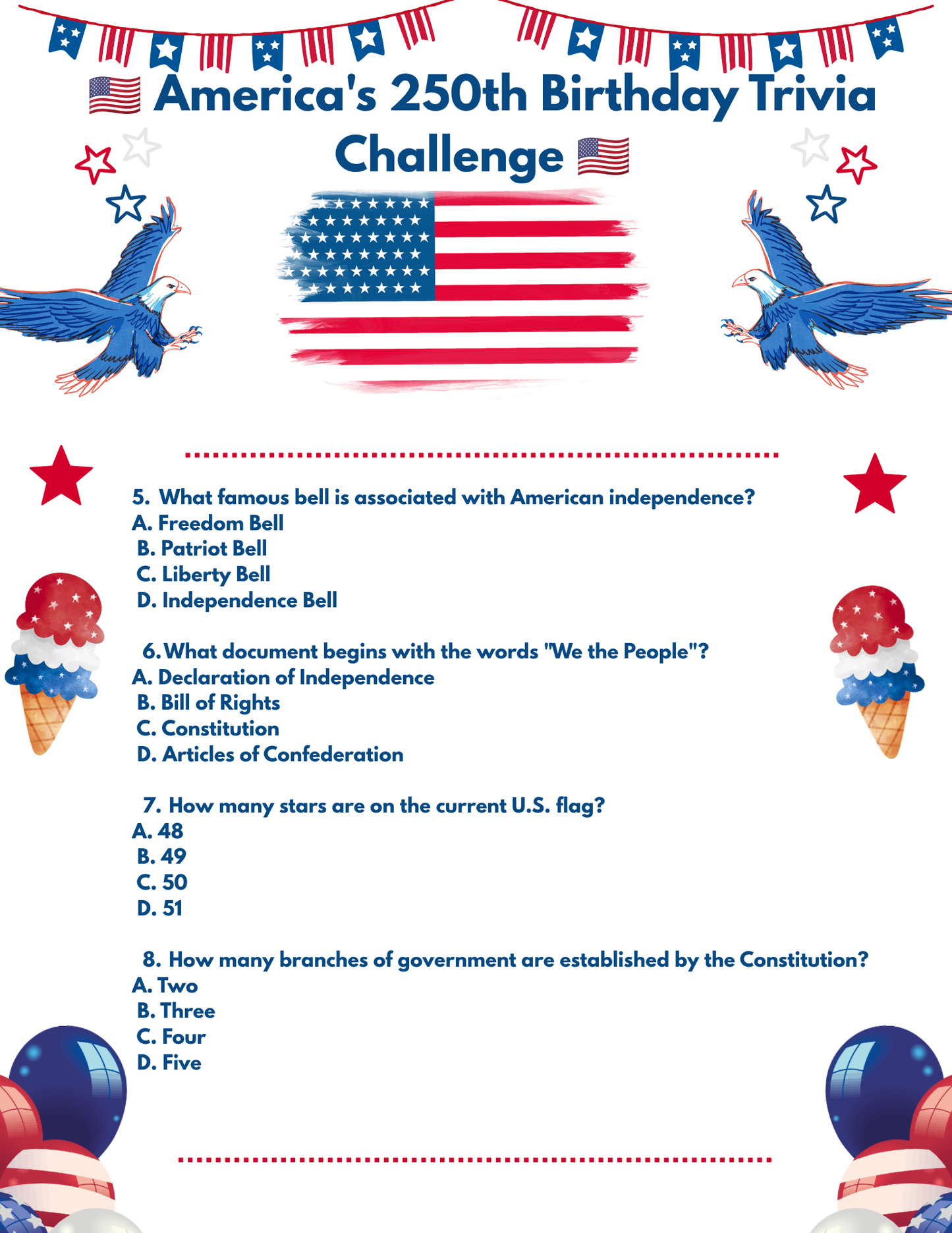 America's 250th Birthday Trivia Game Printable | 4th of July Party Game | Patriotic Family Trivia | Independence Day Activity | USA 250 Celebration