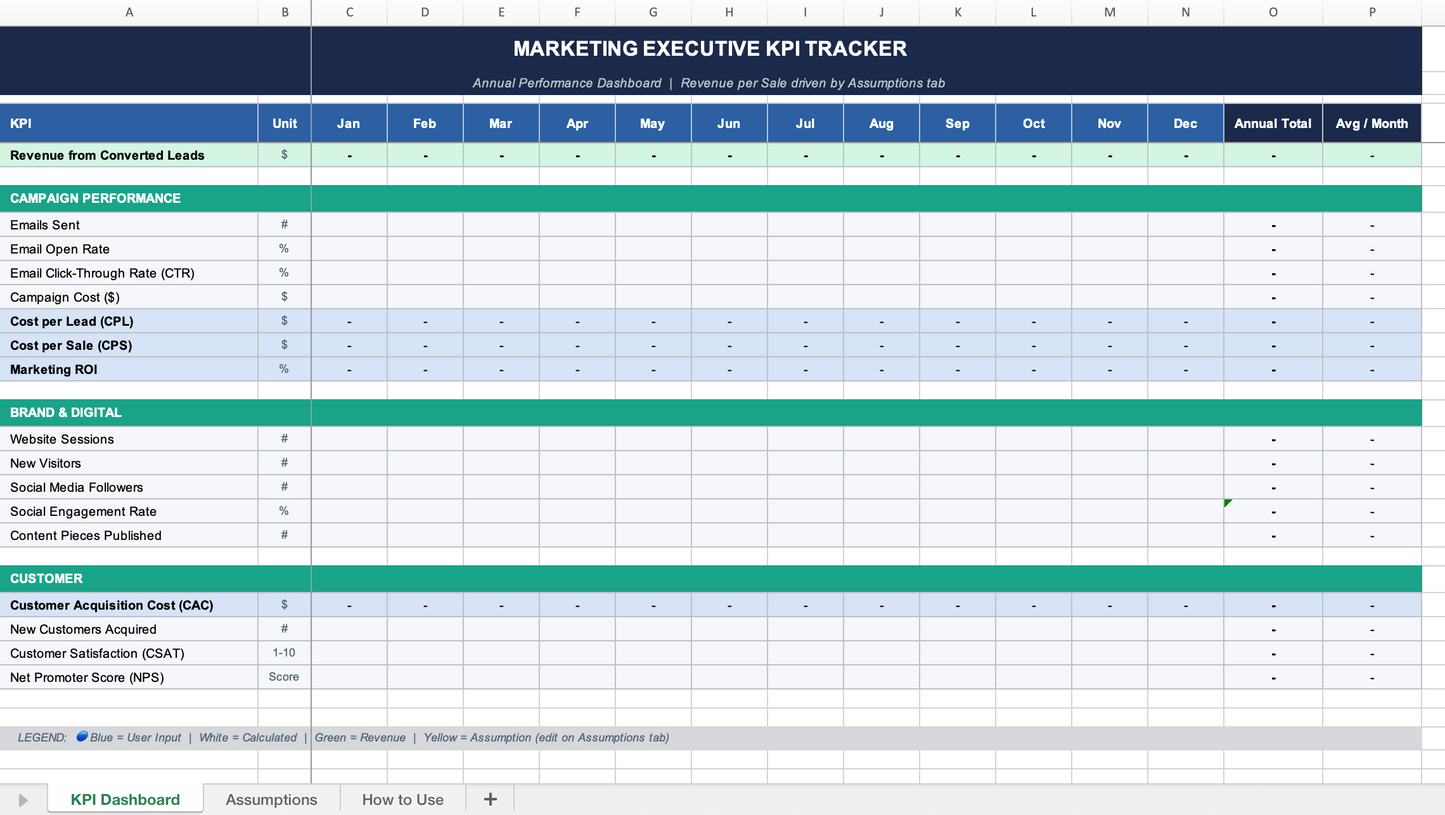 Marketing Executive KPI Dashboard Excel Template | CMO, VP Marketing & Growth Performance Tracker
